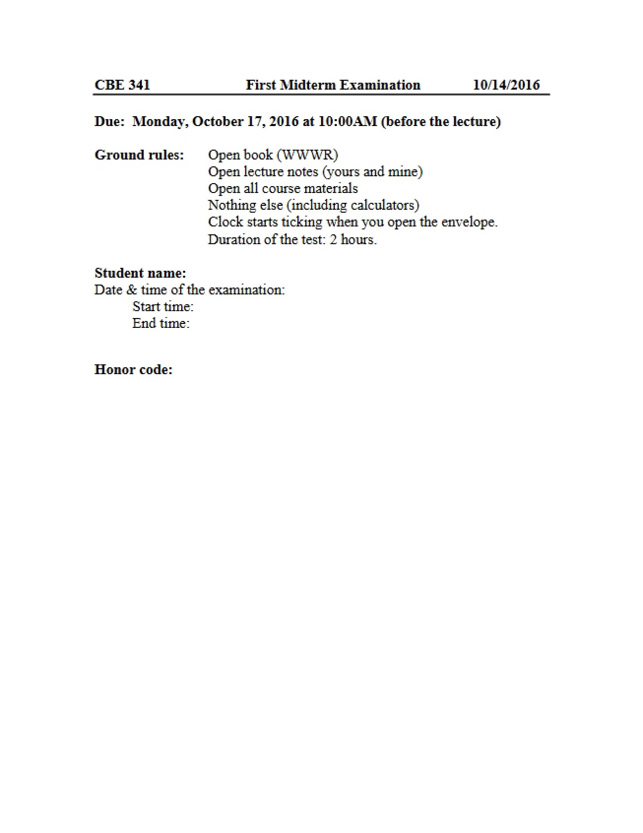 First Midterm Exam from 2016 for Chemical and Biomolecular Engineering