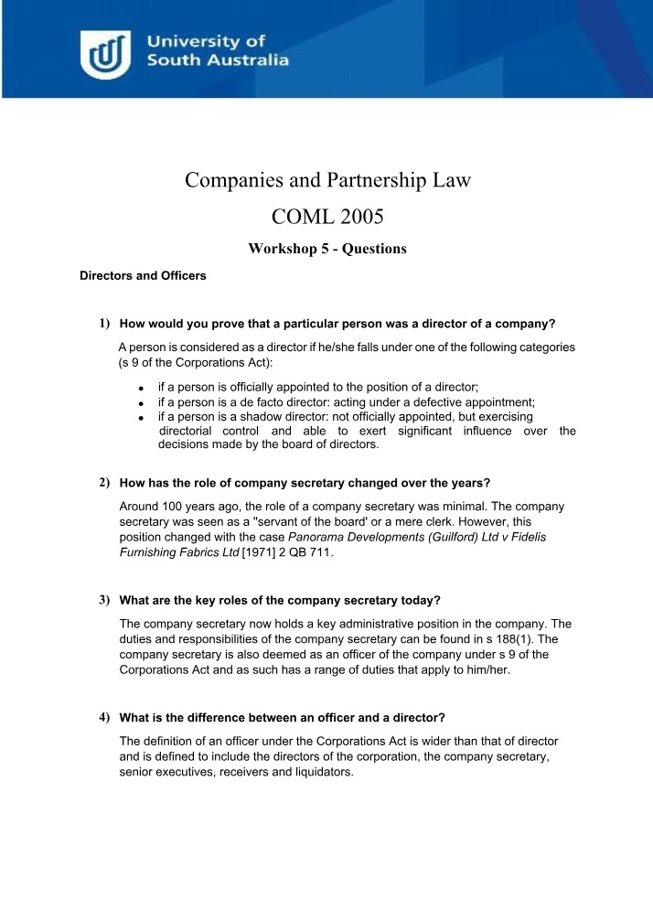 Workshop 5 Questions - Directors - Types, Duties and Procedures