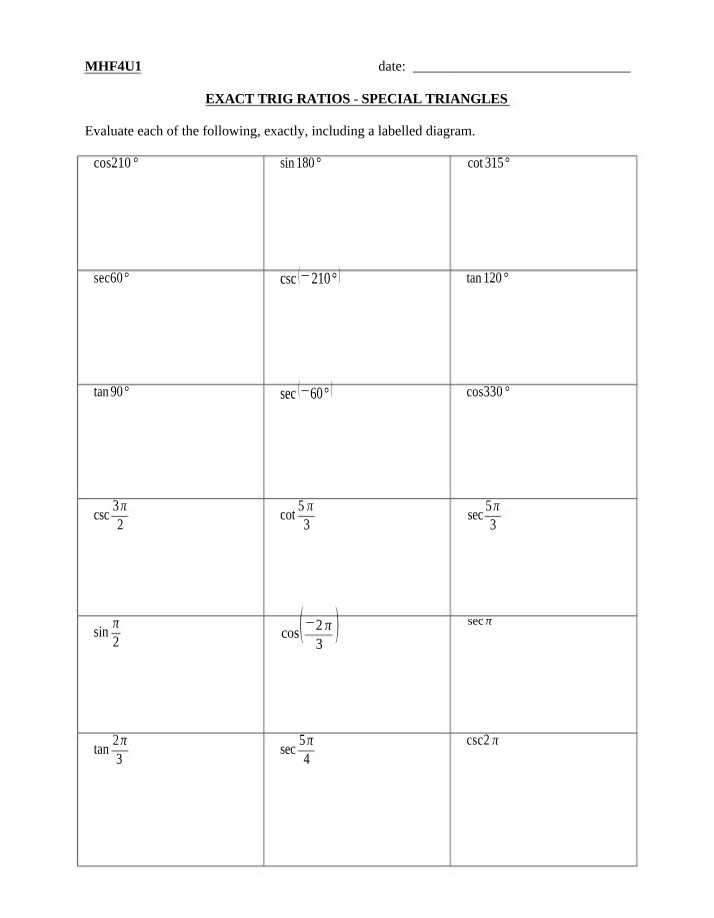 Exact Trig Ratios for Special Triangles