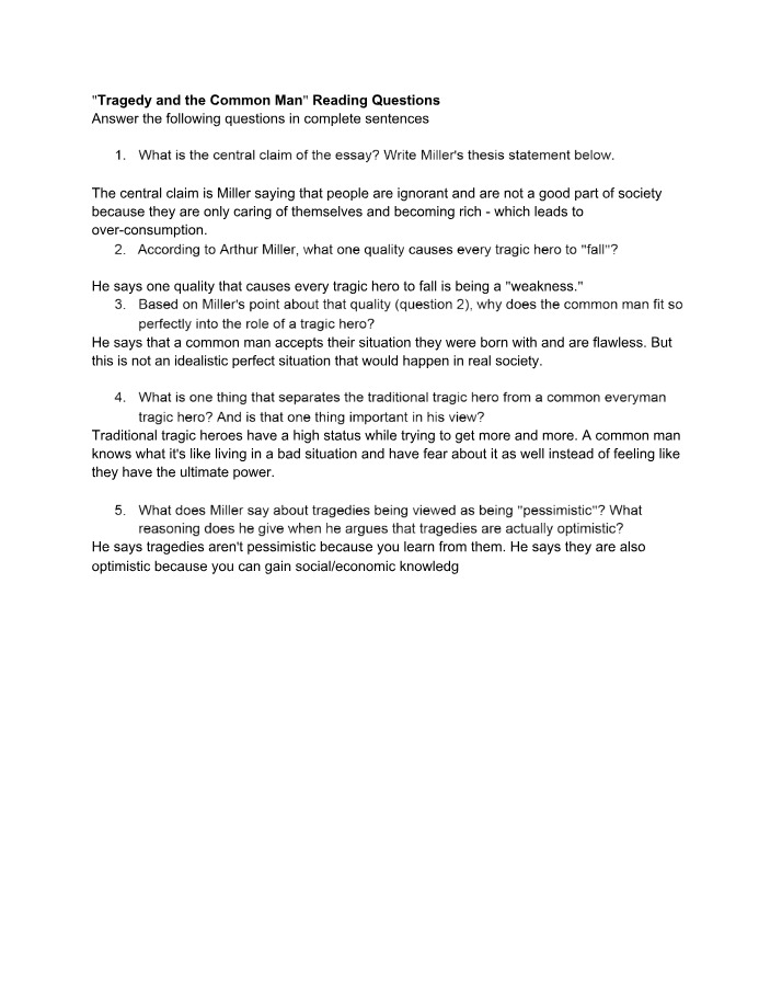 Reading Questions - Tragedy and the Common Man