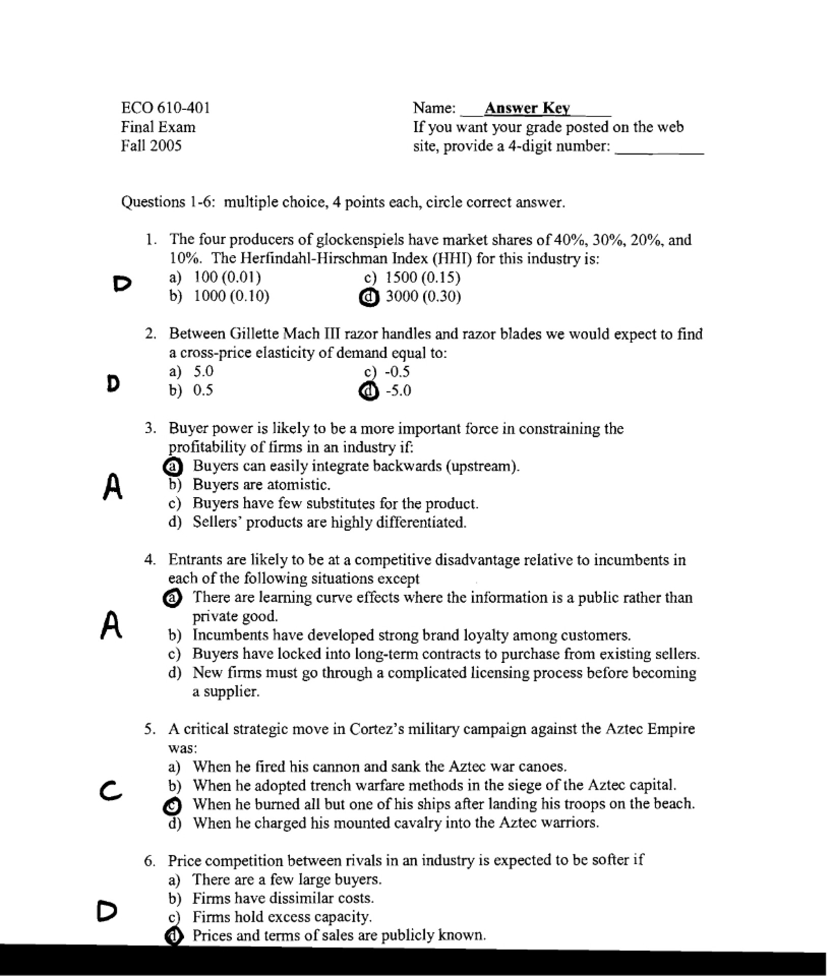 Answer Key for Final Exam