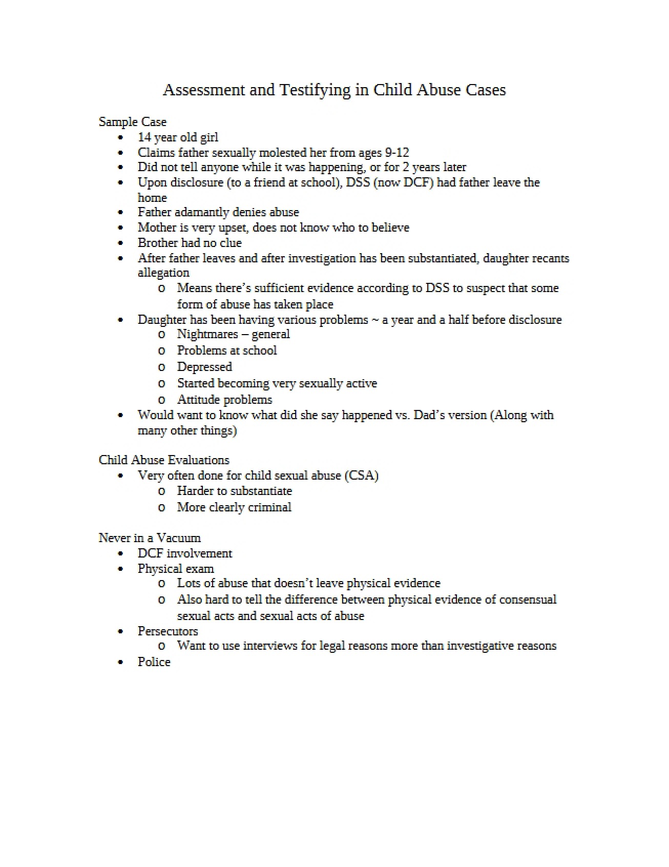 Child Abuse Cases Assessment and Testimony