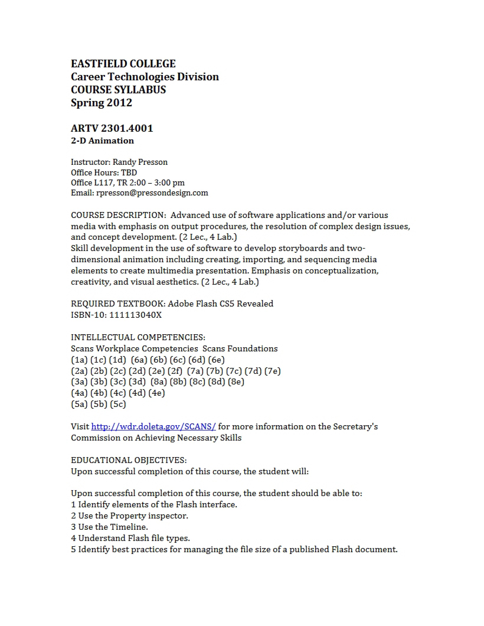 Syllabus for 2D Animation