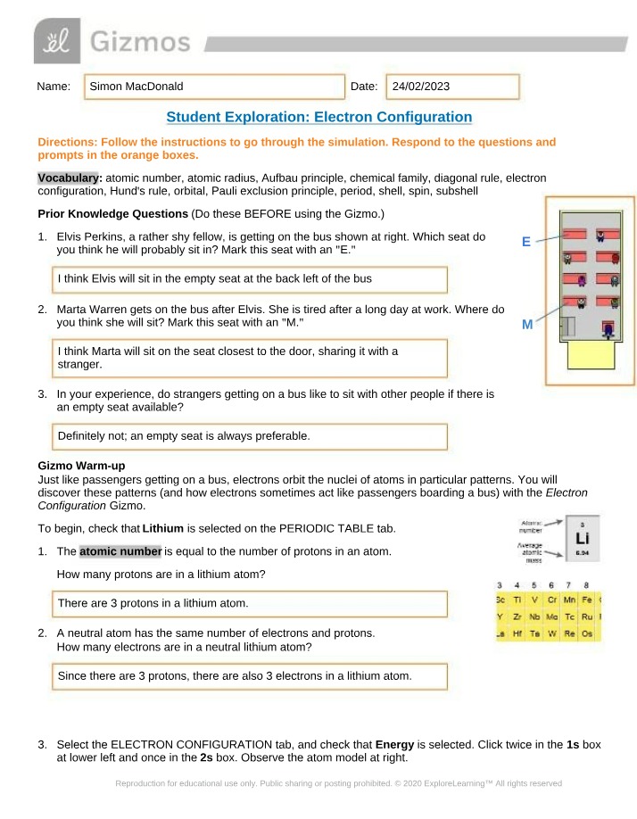 Worksheet on Electron Configuration