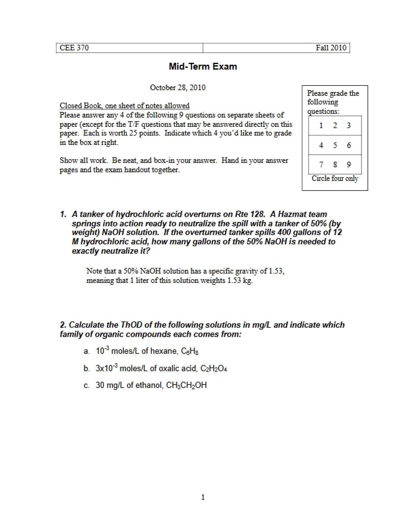 Examination for Environmental Engineering