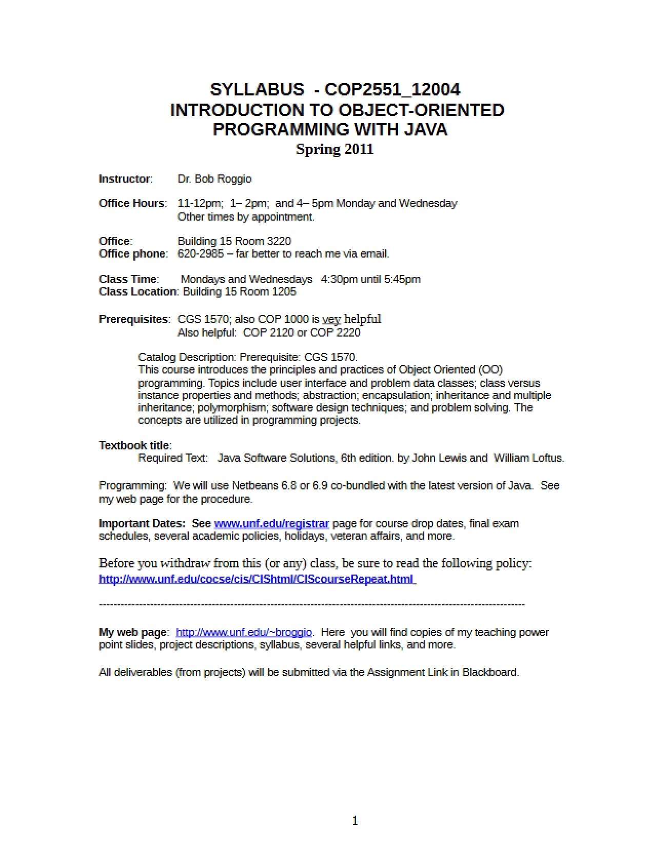 Syllabus for Object Oriented Programming