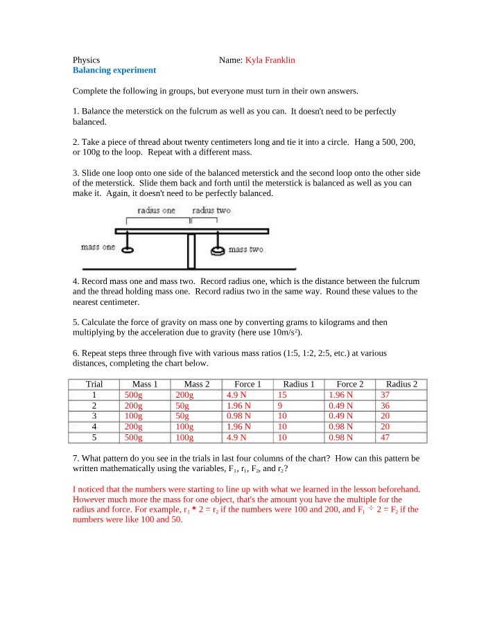 Torque and Balancing Experiment