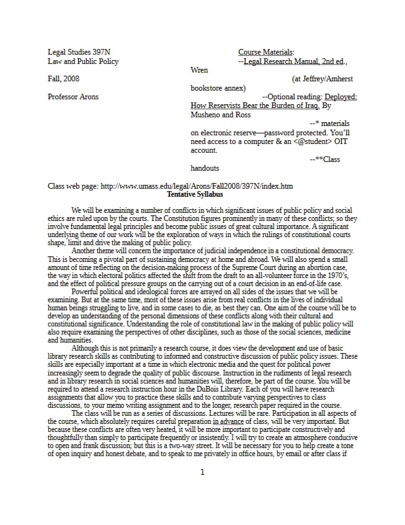 Tentative Syllabus for Legal 397N