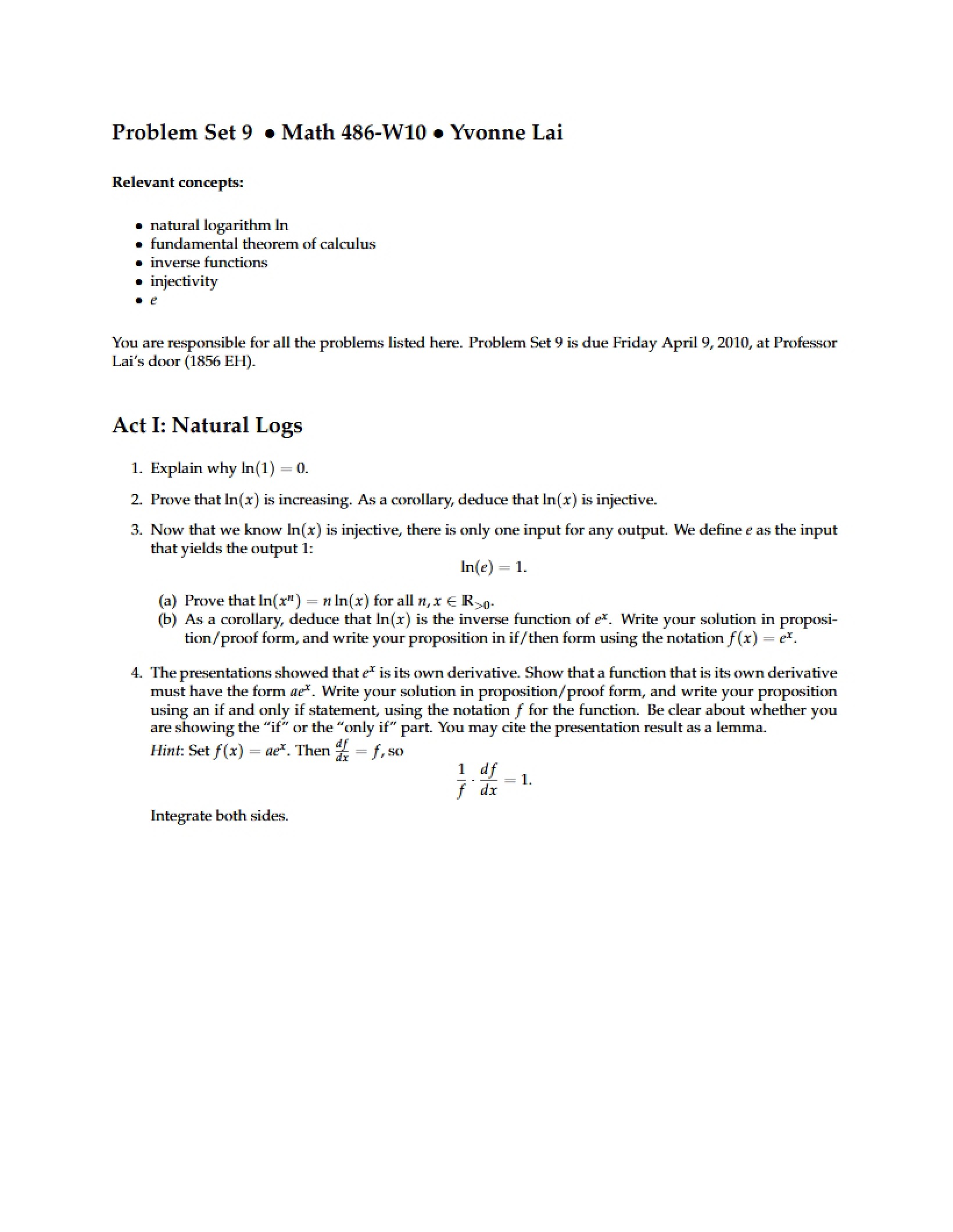 Ninth Problem Set