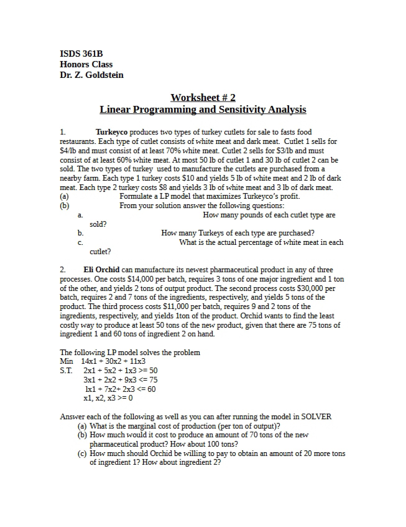 Linear Programming and Sensitivity Analysis Worksheet 2