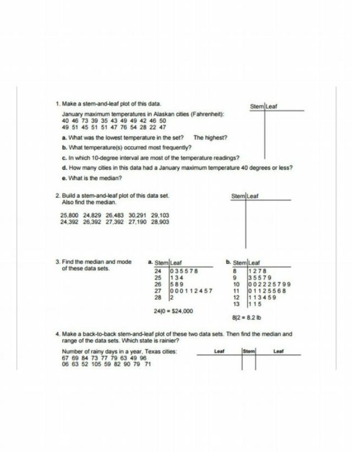 Stem-and-Leaf Plots and Data Analysis Exercises for Statistics