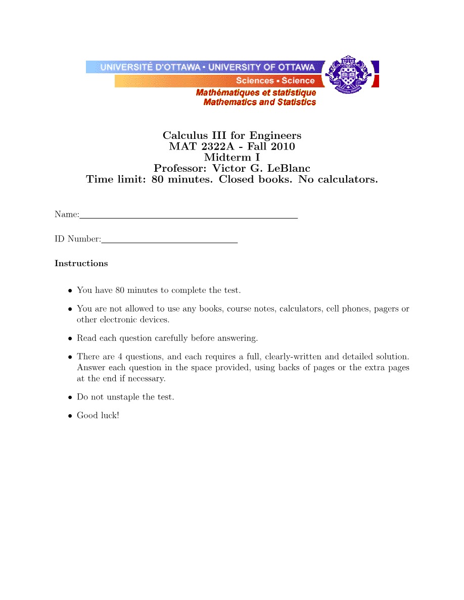 Midterm I for Calculus III for Engineers