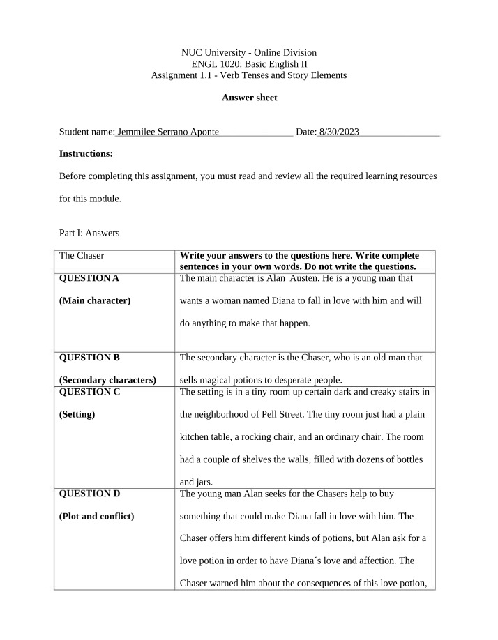 Verb Tenses and Story Elements - 'The Chaser' Analysis Answer Sheet
