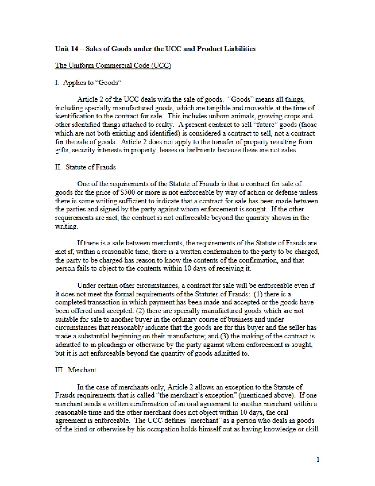 UCC Goods Sales and Product Liability