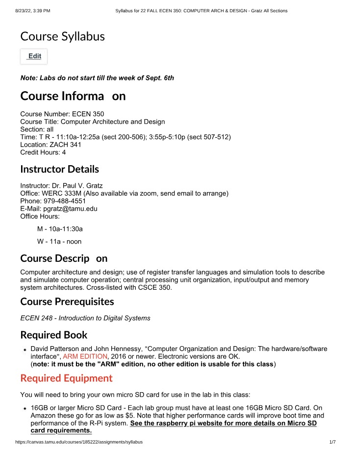 Syllabus for ECEN 350 Computer Architecture and Design - Fall 2022