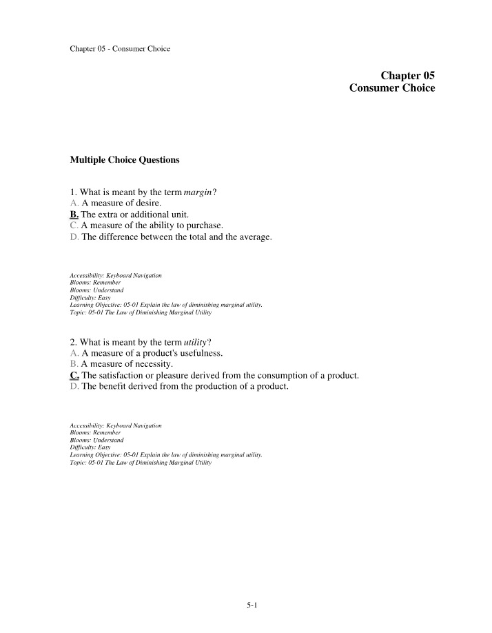 Consumer Choice - Chapter 5 Multiple Choice Questions
