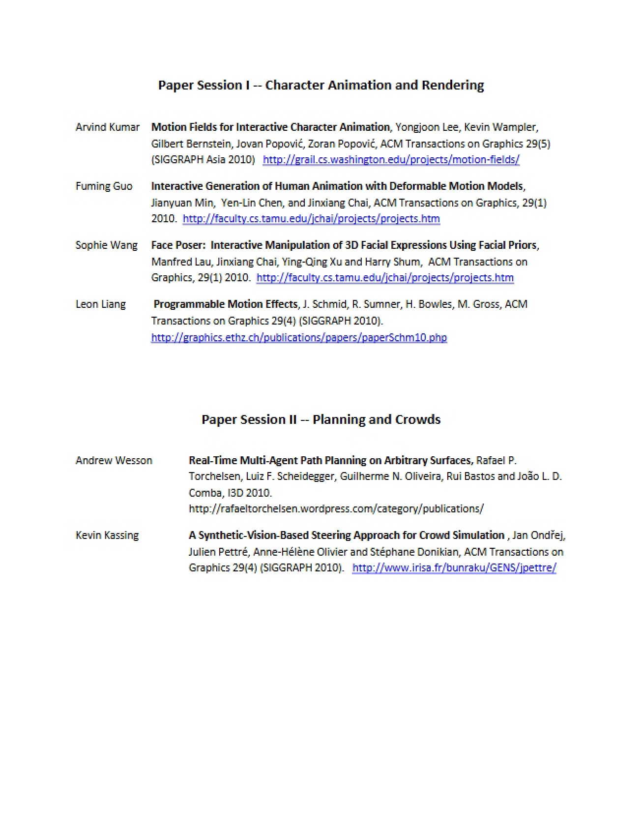 Sessions on Technical Animation Papers