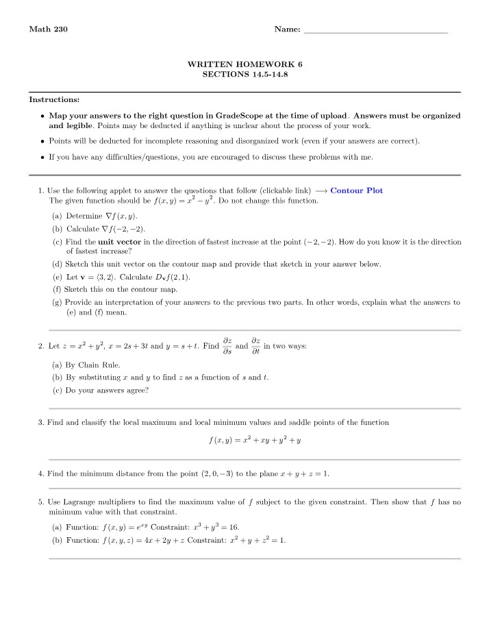 Homework 6 - Contour Plot, Chain Rule, and Lagrange Multipliers