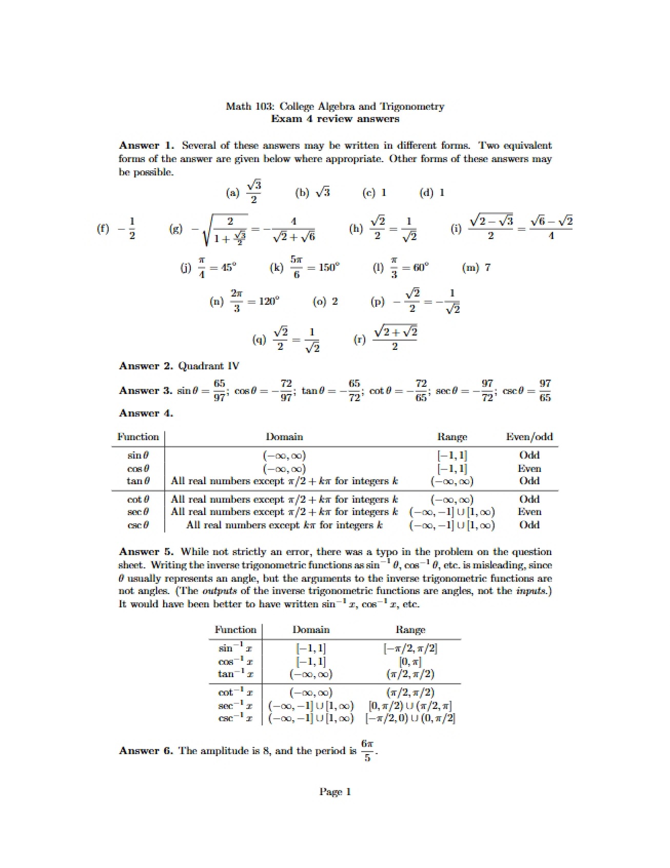 Answers for Exam 4 Review