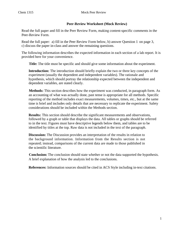 Chem 1315 Lab Report Peer Review Worksheet