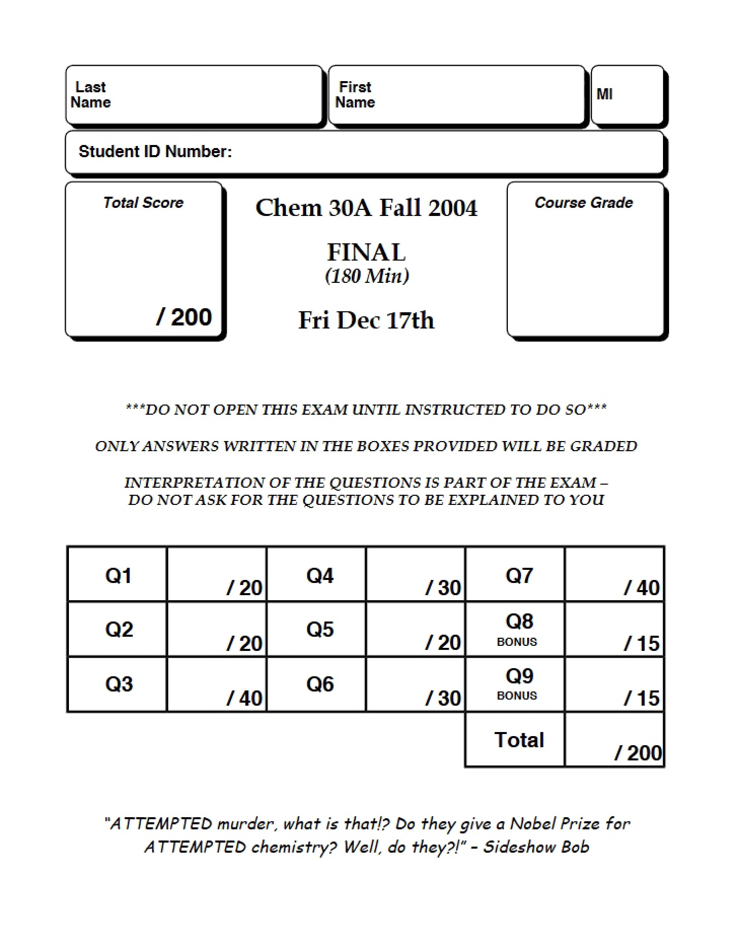 Final Exam - CHEM 30A
