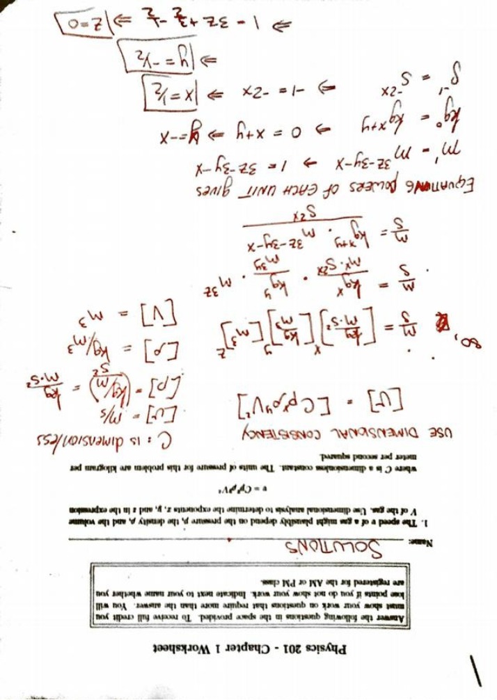 Chapter 1 Worksheet for Physics 201
