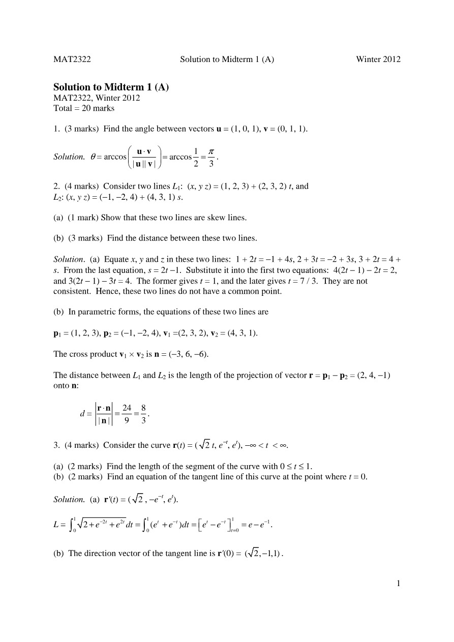 MAT2322 Midterm 1A Winter 2012 Answer Key