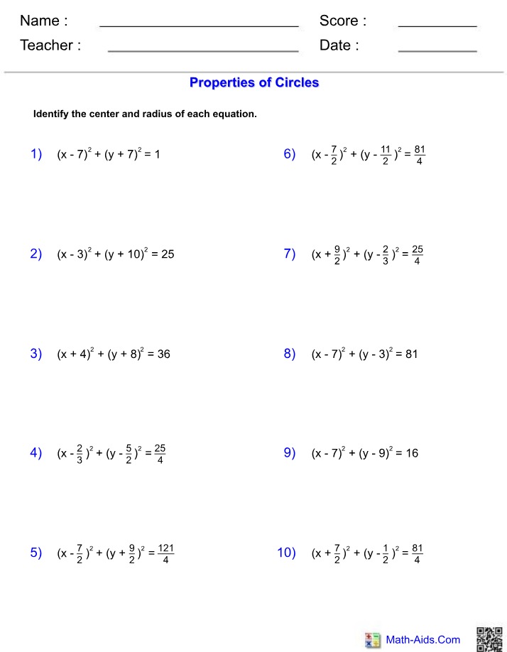 Worksheet on Properties of Circles