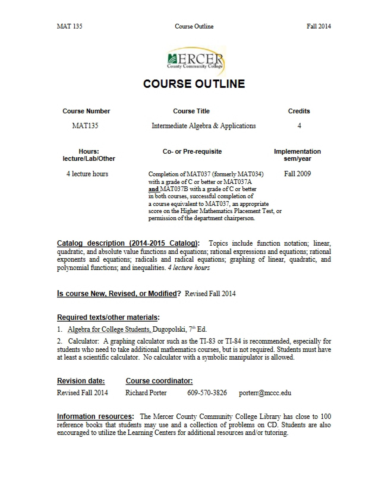 Intermediate Algebra Course Outline
