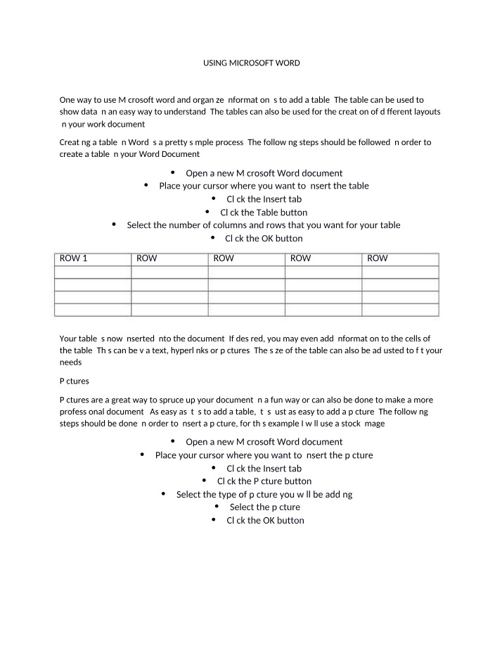Creating Tables and Inserting Pictures in Microsoft Word