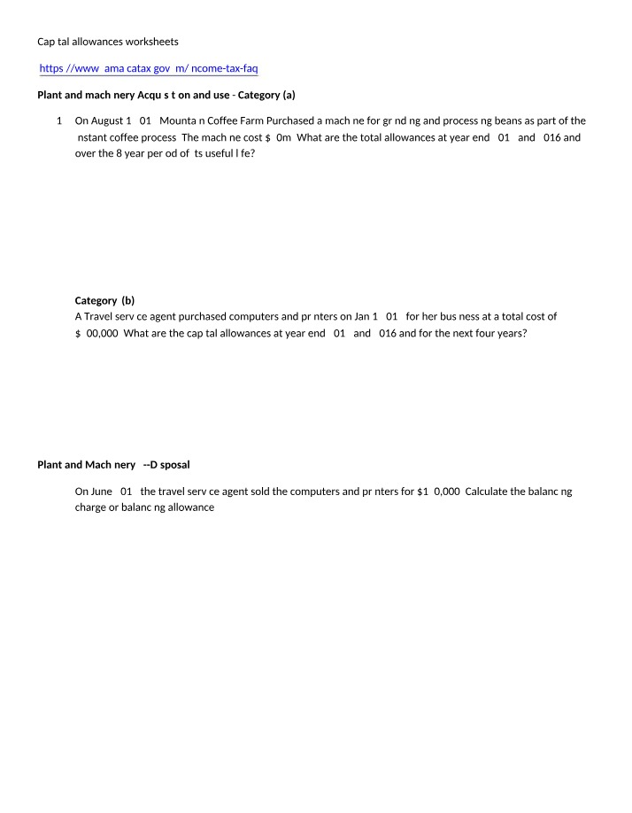 Worksheet on Capital Allowances