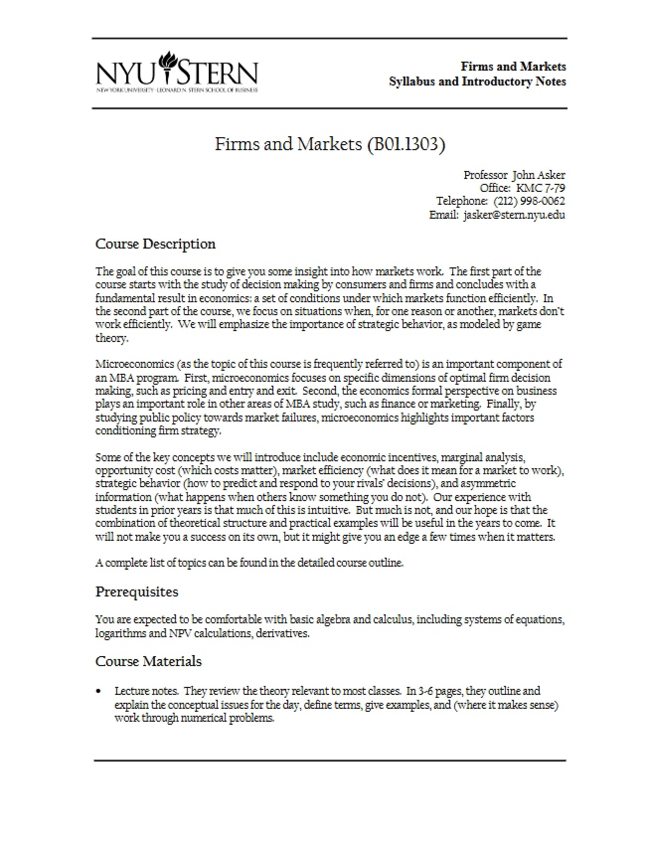 Firms and Markets Syllabus