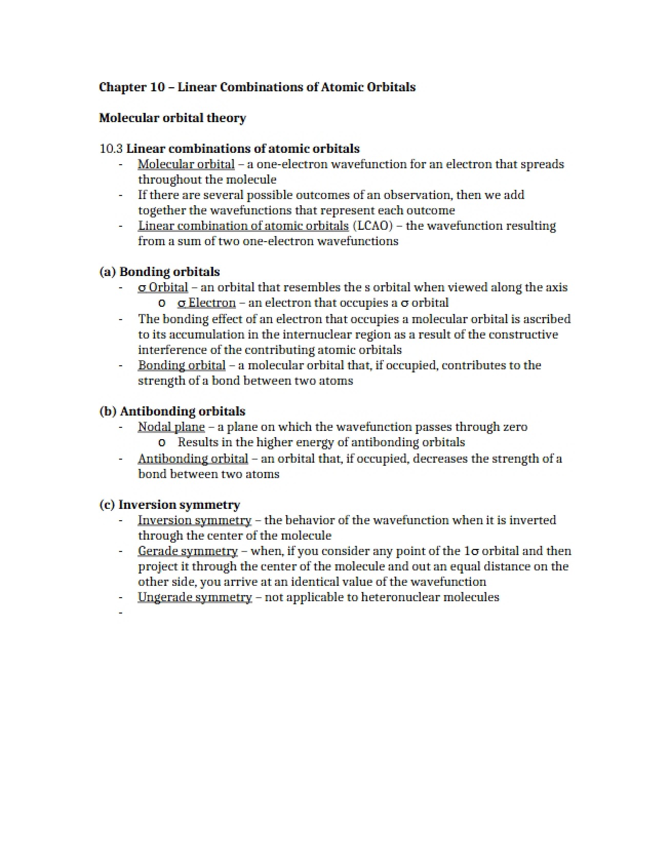 Atomic Orbitals Linear Combinations (Chapter 10)