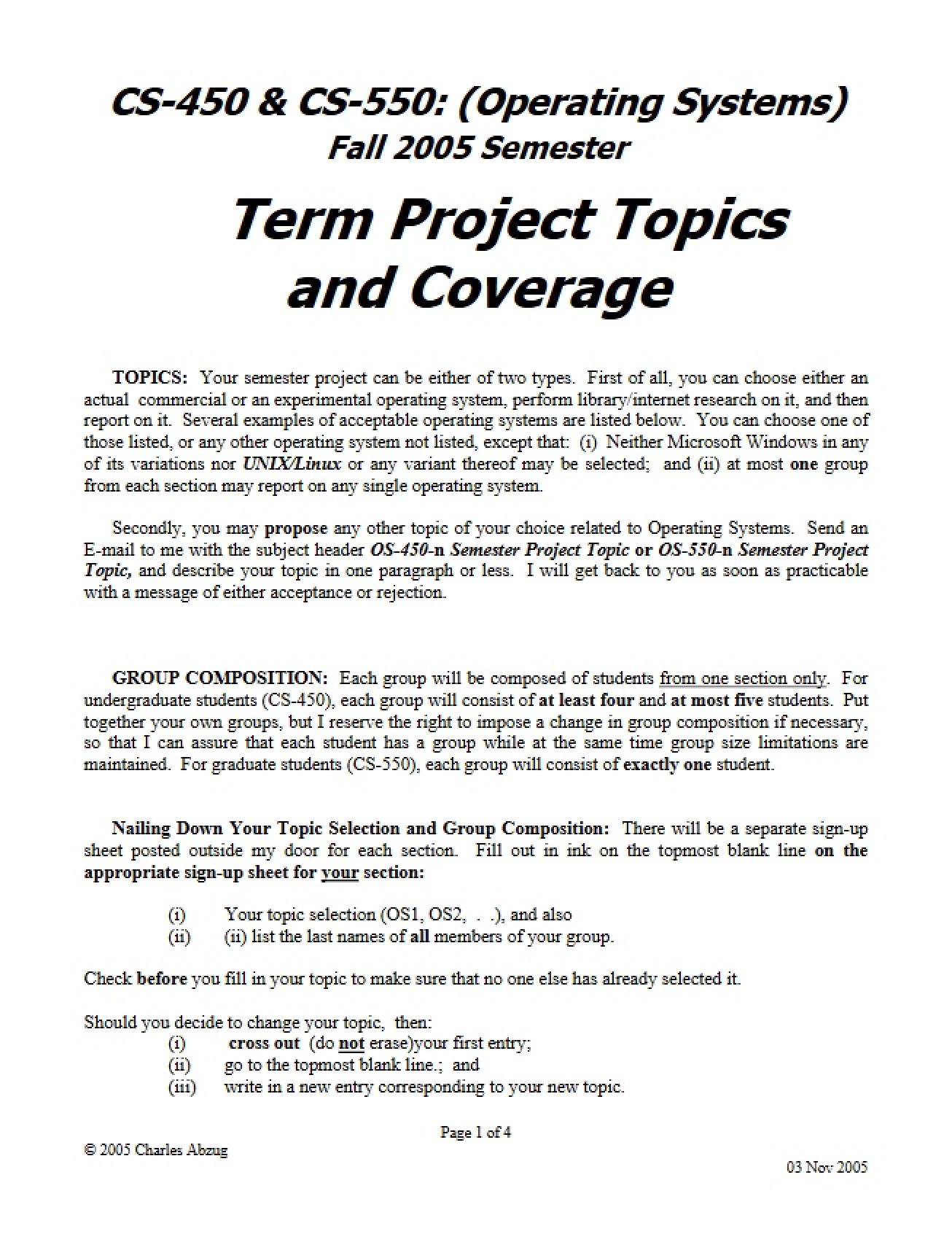 List of Topics for a Term Project in Operating Systems