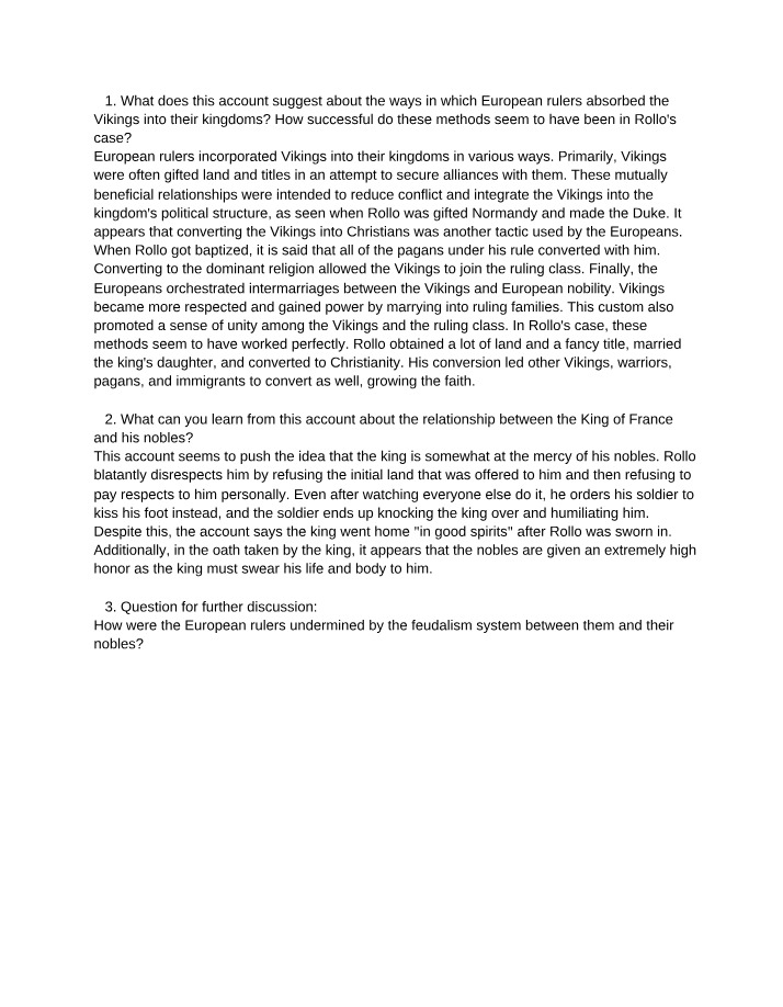 Discussion Questions - Viking Integration and Feudalism