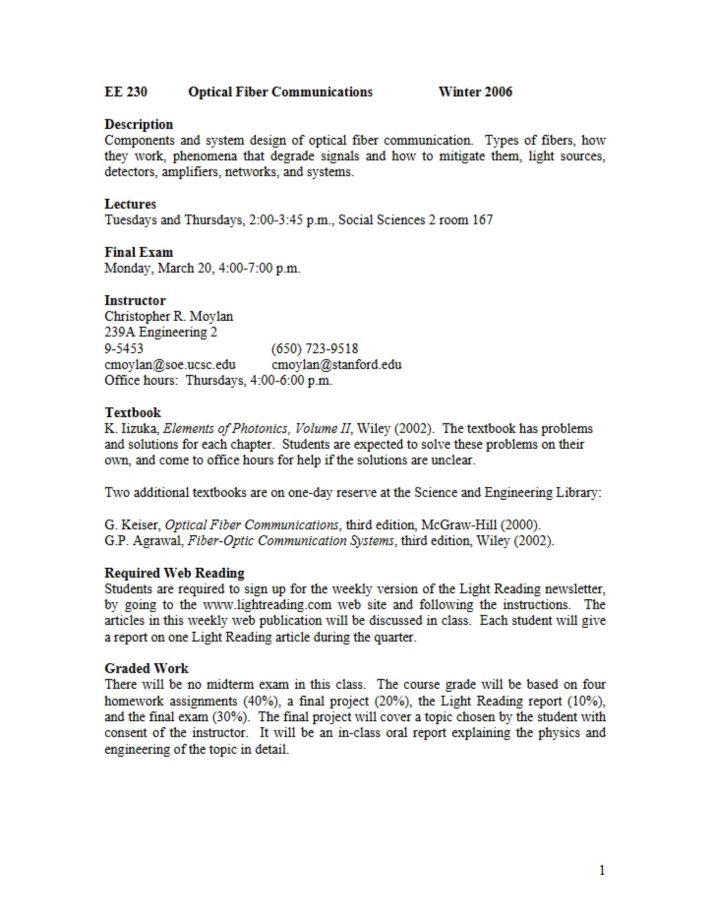 Optical Fiber Communications Syllabus (EE 230)