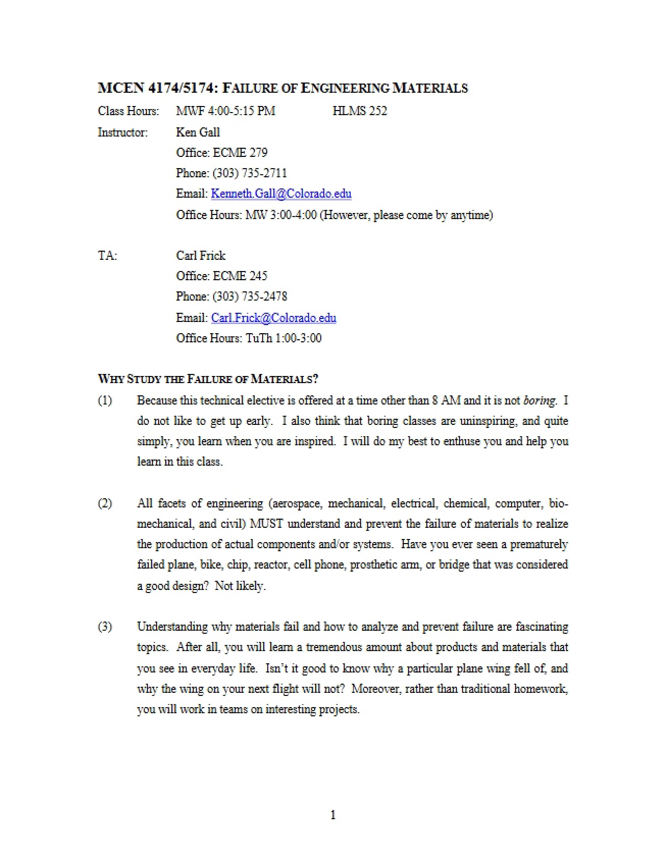 Failure of Engineering Materials Syllabus