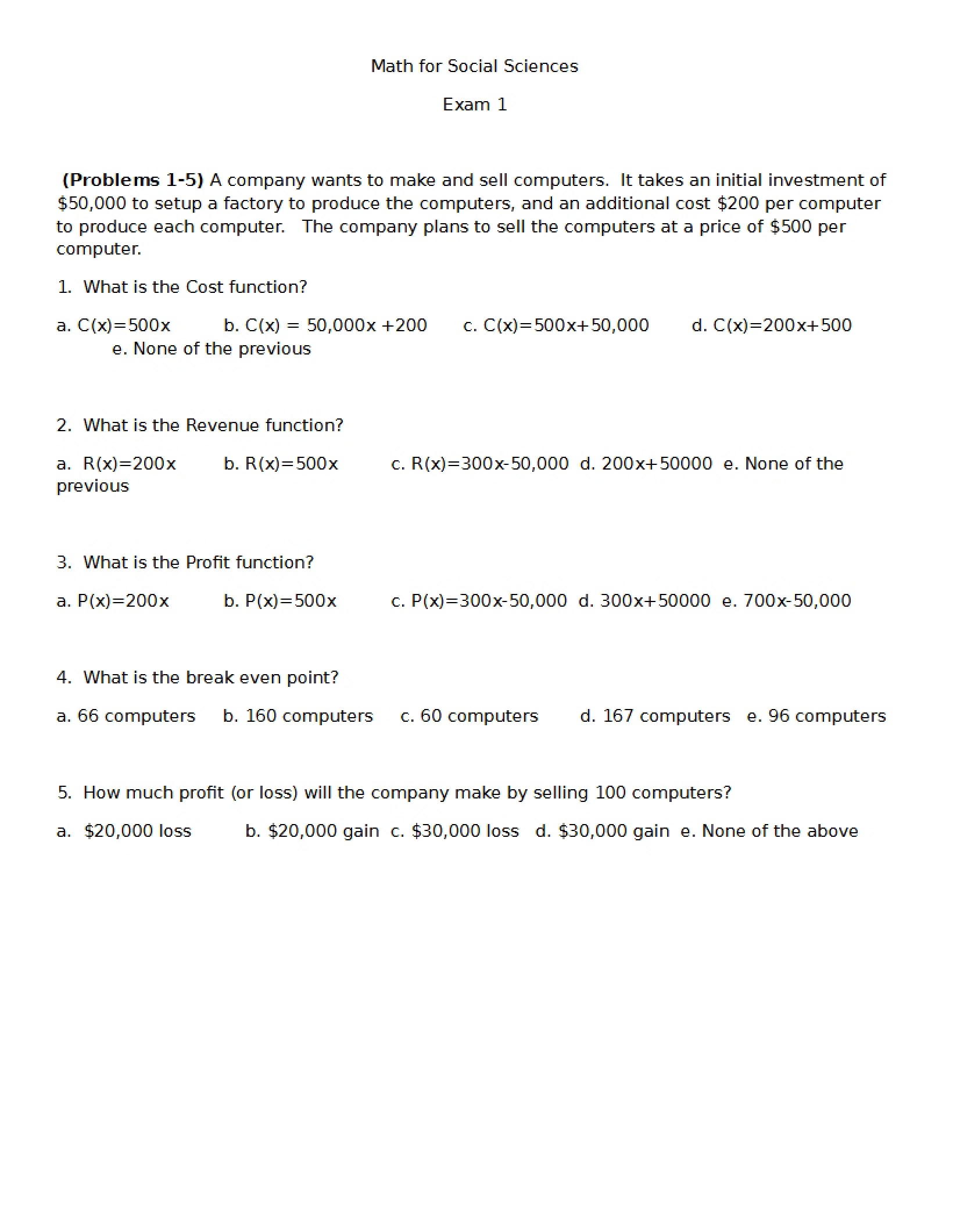 First Exam for Social Sciences Math