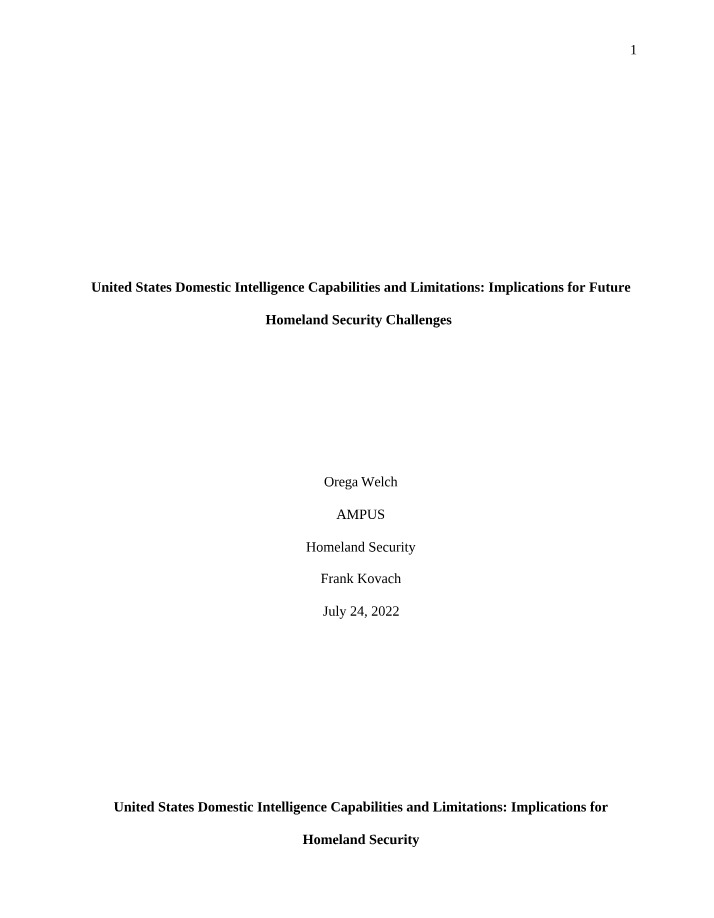 United States Domestic Intelligence - Capabilities, Limitations, and Future Homeland Security Challenges