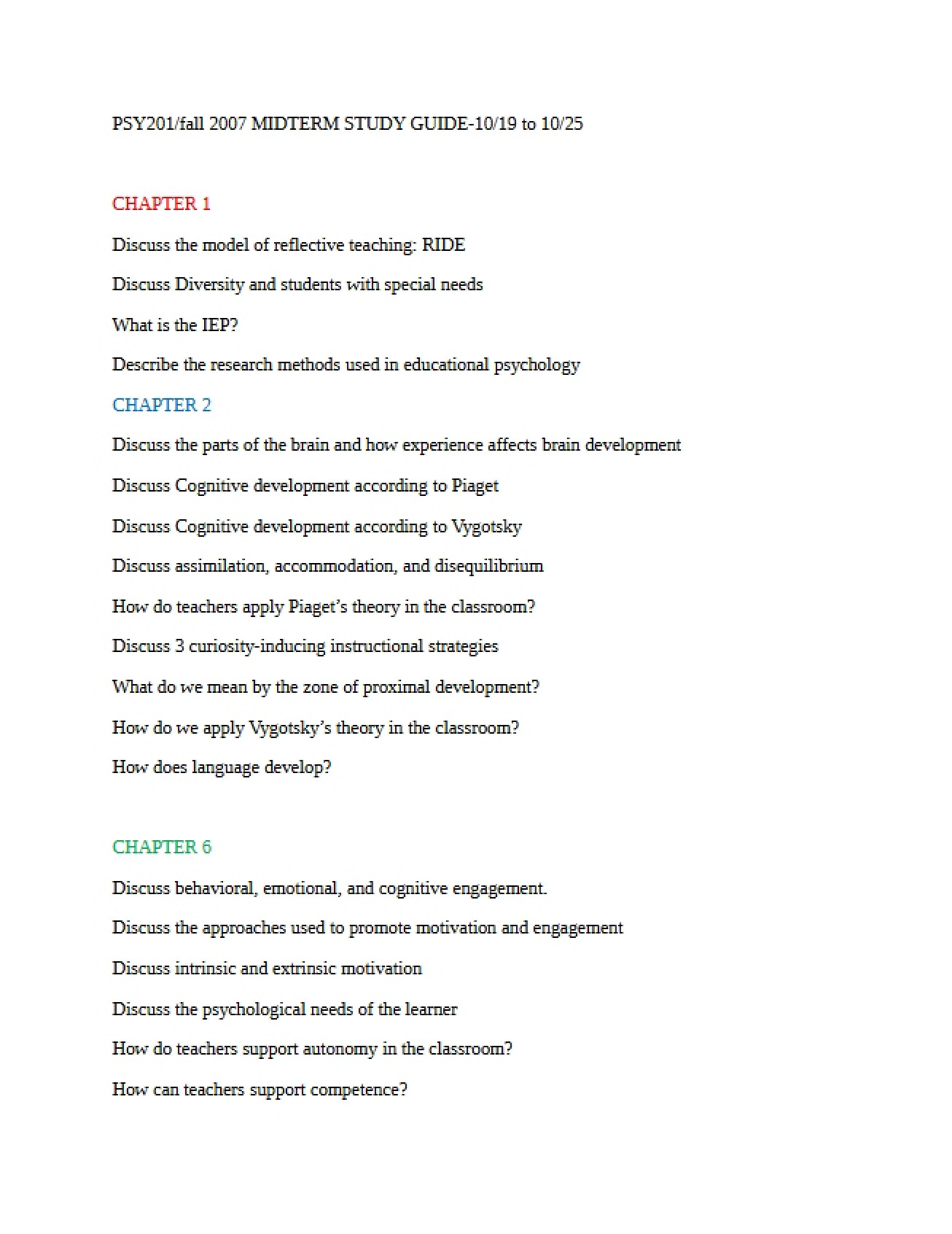 Fall 2007 Midterm Guide (Educational Psychology)