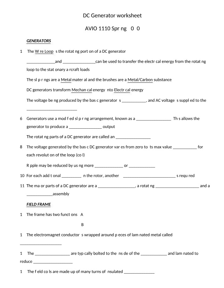 Worksheet for DC Generator