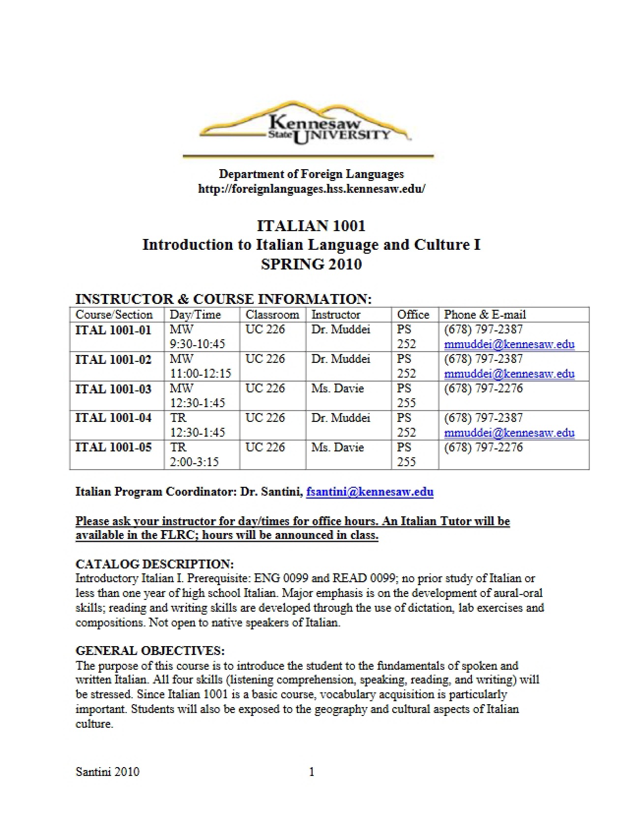 Instructional Guide for Italian Language I