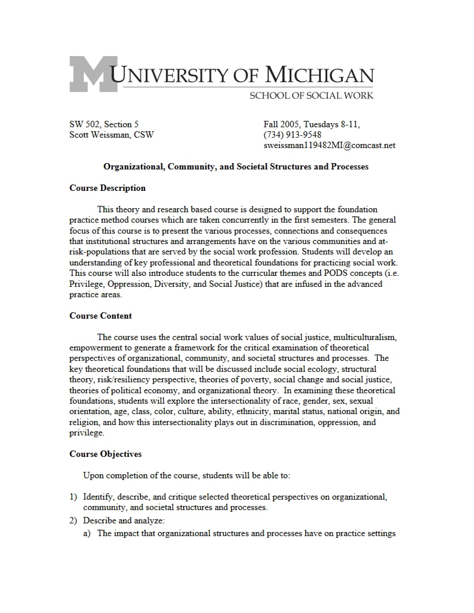 Description of Organizational Community Course