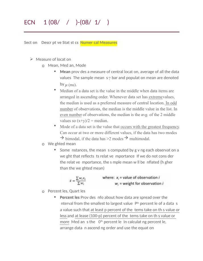 Descriptive Statistics and Numerical Measures