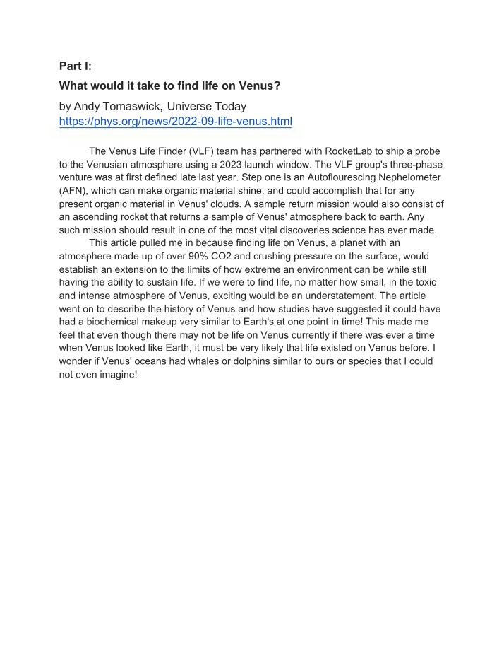 Possibility of Life on Venus