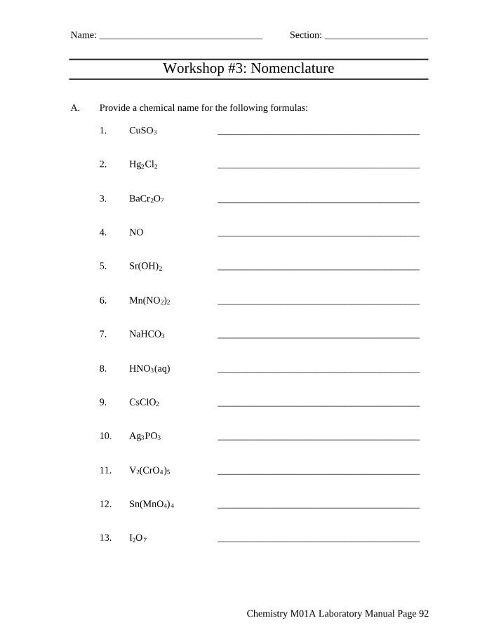 Workshop 3 - Nomenclature (Chemistry M01A Laboratory Manual)