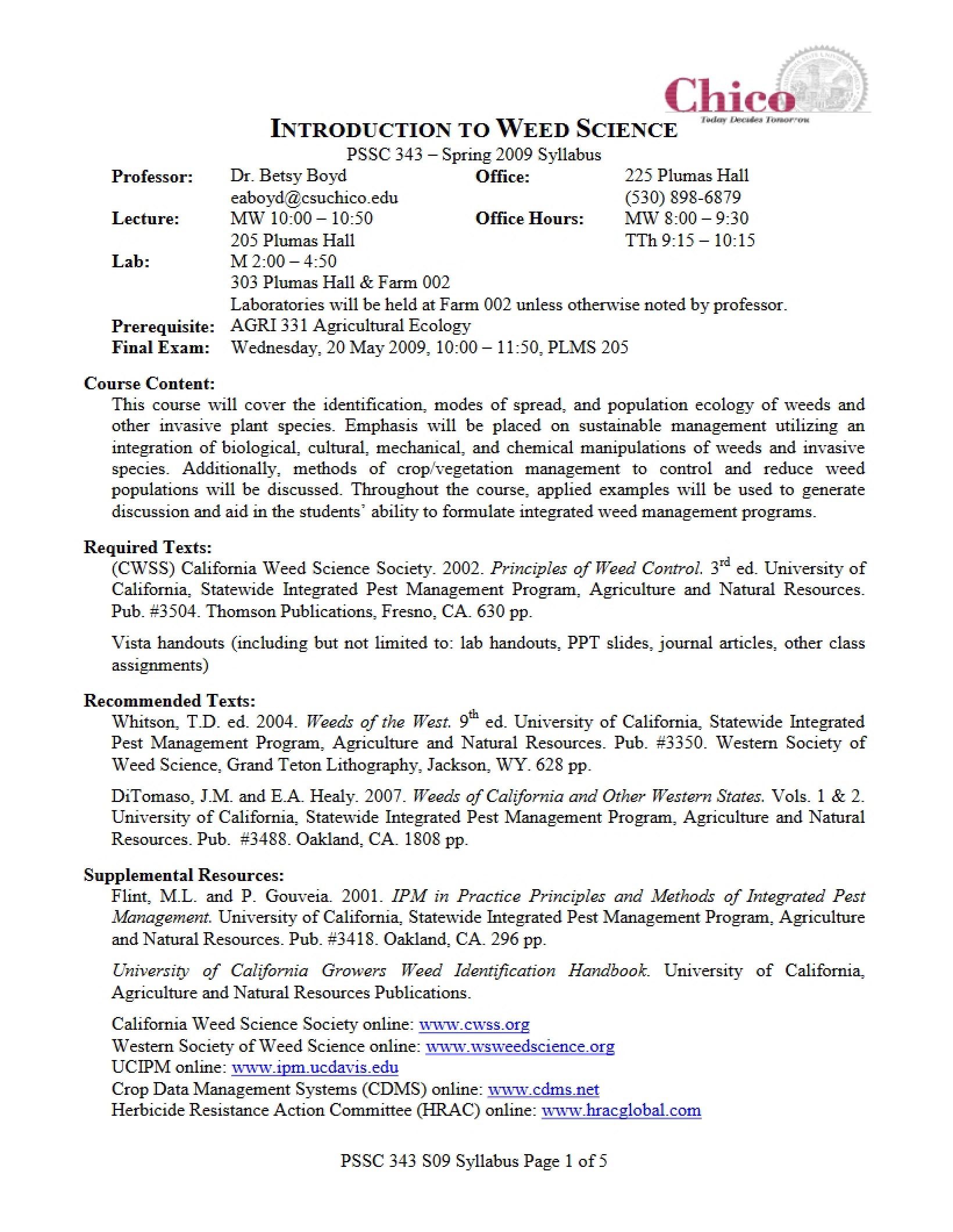 Weed Science Introduction Syllabus