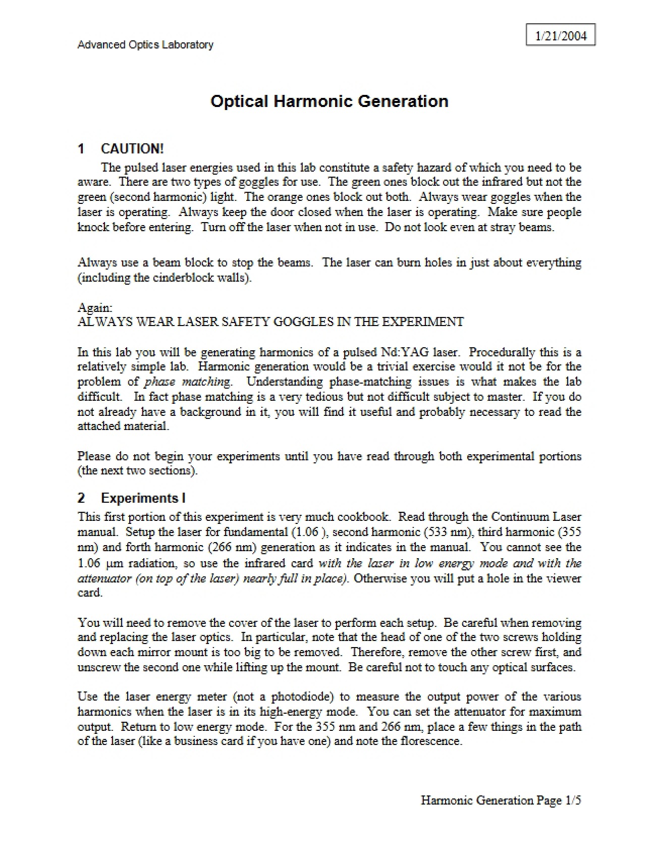 Optical Harmonic Generation (Topic 2)