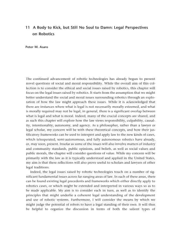 Legal Perspectives on Robotics - A Body to Kick, No Soul to Damn