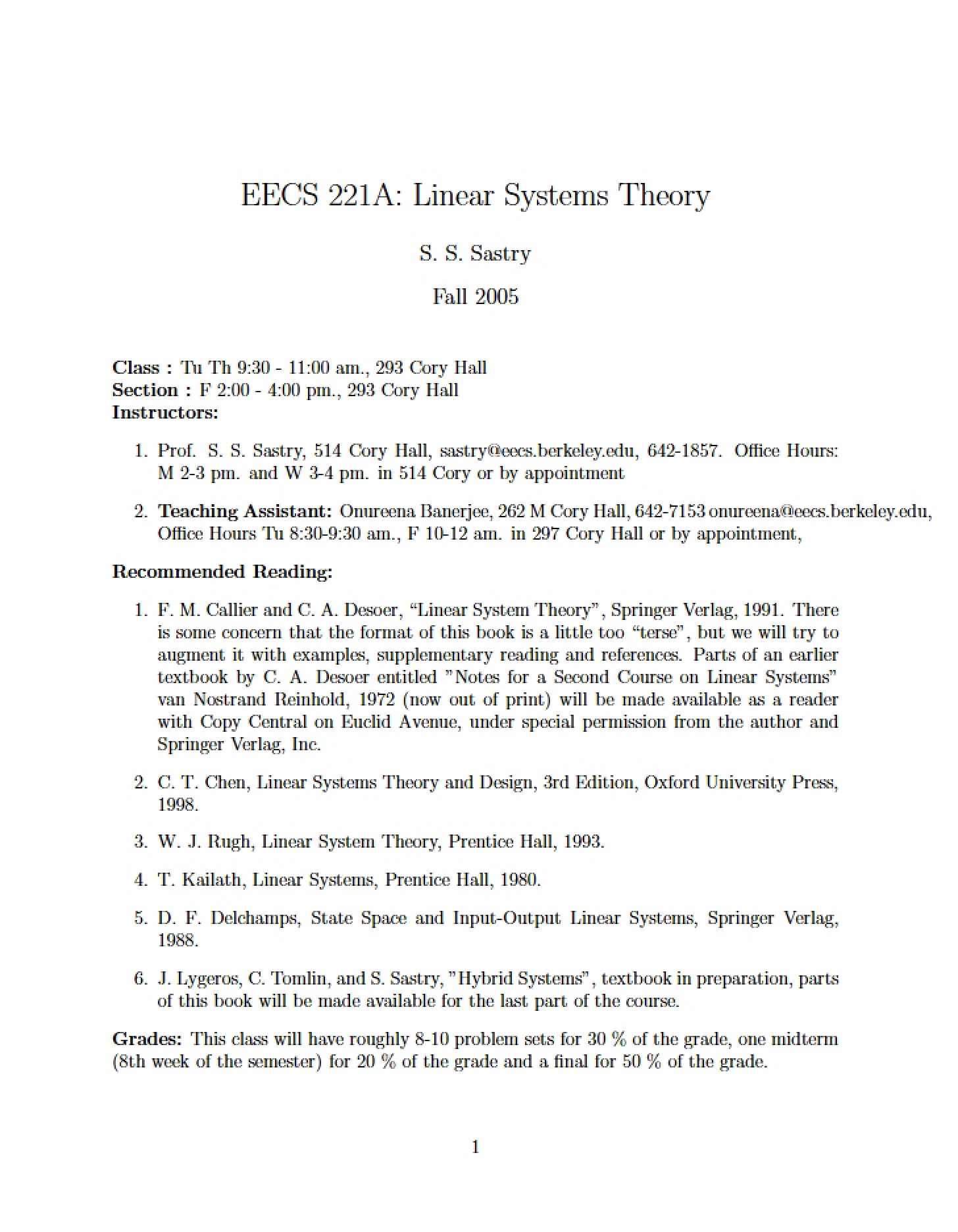 Theory of Linear Systems (EECS 221A)